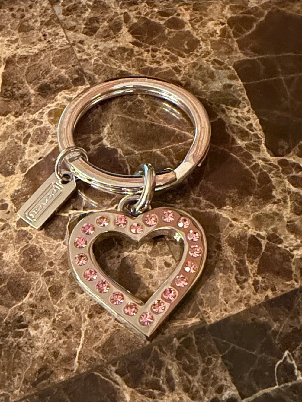 Coach Silver-Tone Key Ring with Pink Rhinestones
